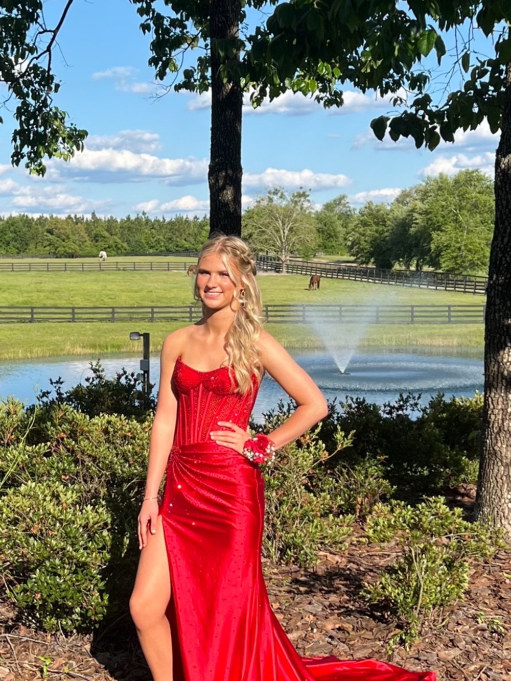 Sherri Hill Strapless Red Satin Prom Dress with Thigh Slit